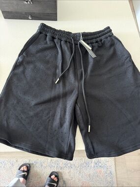 Men's Black Perforated Athletic Drawstring Shorts